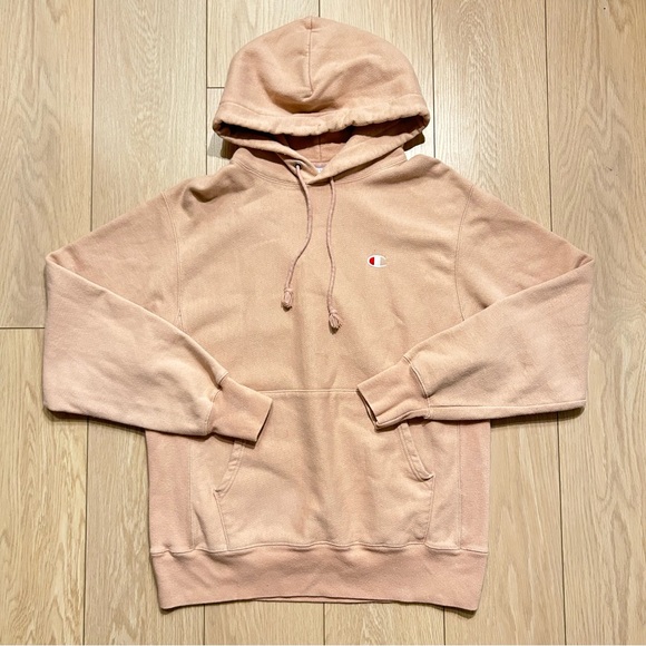 Champion Reverse Weave Hoodie Pink Peach Pullover Sweatshirt Tapered Medium - Picture 2 of 6
